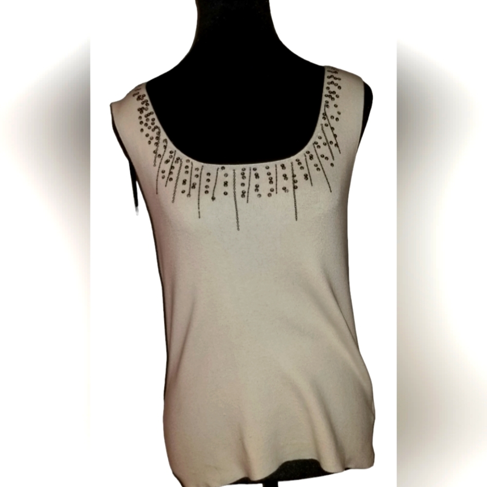Coldwater Creek Knit Cream Shell-Tank Top with sequin micro chain detail